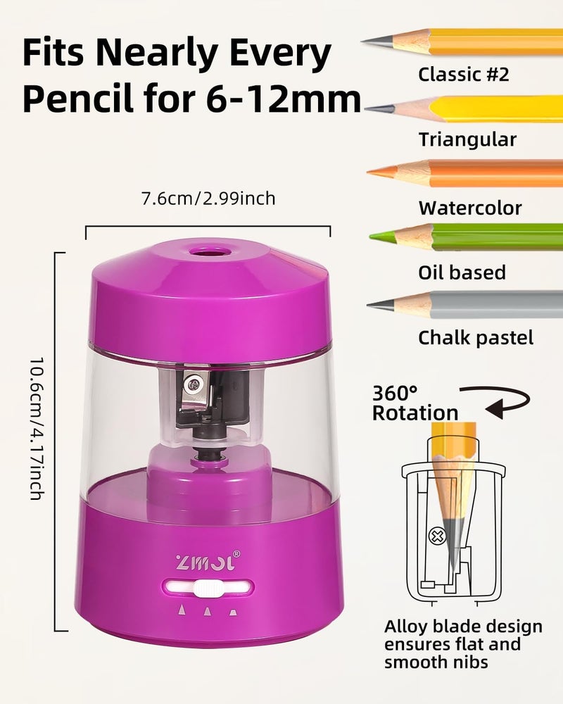 Zmol Electric Pencil Sharpener Battery Operated Power Kids for Colored & Jumbo Pencils No.2/(6-12mm) - Safe & Easy Use Plug in Portable with (AC Adapter,USB, Battery) for Classroom/Office/Home Pink - Image 2